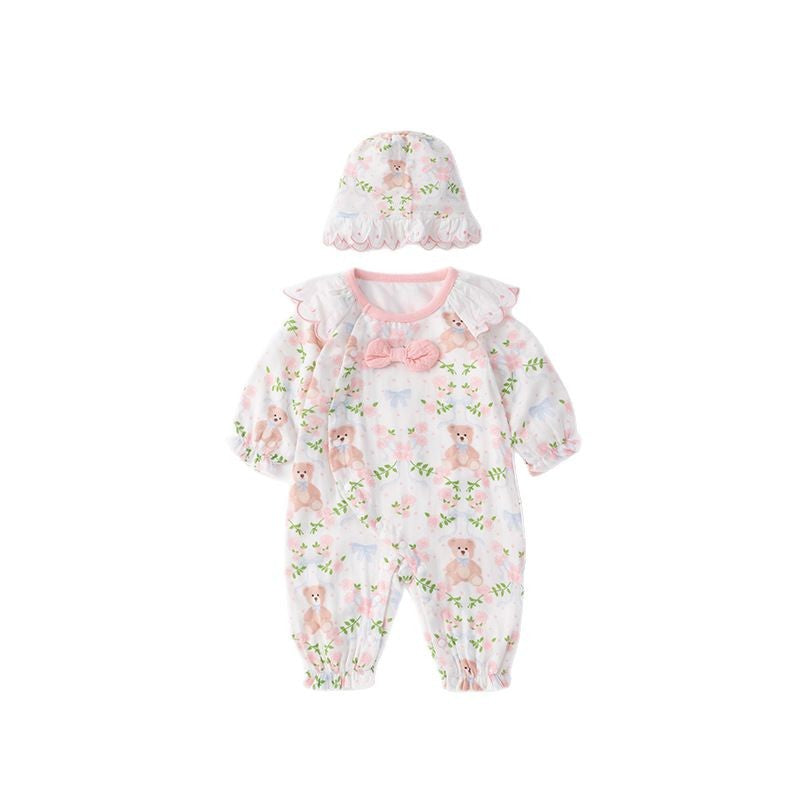 Cotton Bear Onesie for Newborn Baby Girls, Spring Autumn Casual Outfit, Unique Design, Long Sleeve, Full Zip Closure, Soft Comfortable Material