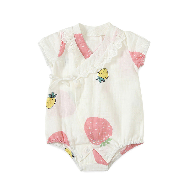 Cute Strawberry Print Snap Front Baby Girl Romper Summer Cotton Onesie