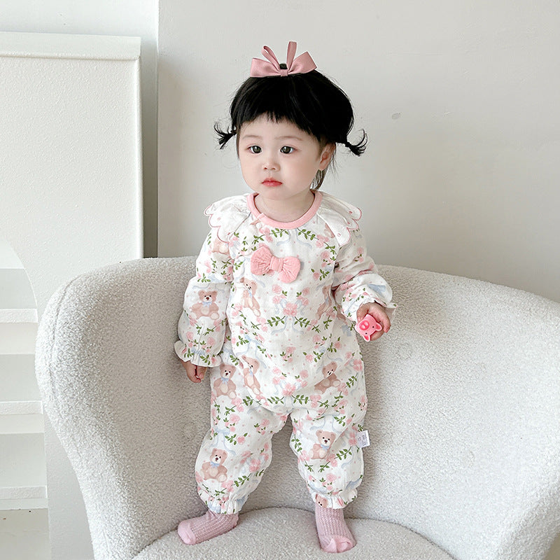 Cotton Bear Onesie for Newborn Baby Girls, Spring Autumn Casual Outfit, Unique Design, Long Sleeve, Full Zip Closure, Soft Comfortable Material