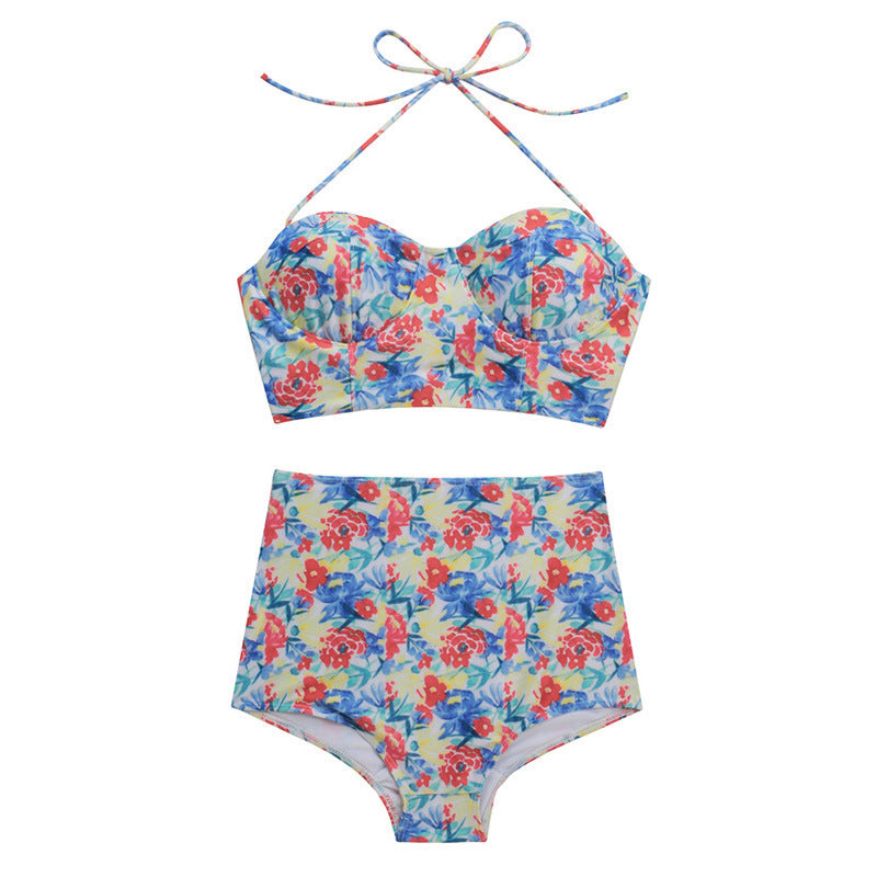 Conservative Two-Piece High-Waisted Printed Bikini Swimwear for Women