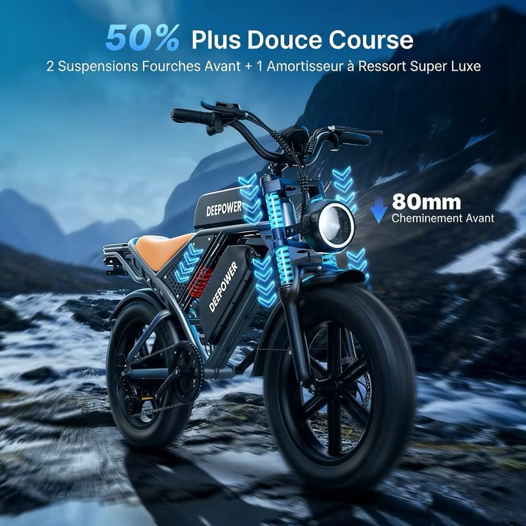 DEEPOWER QS7 Electric Bike, Removable Battery 48V 60Ah/35Ah/20Ah, Autonomy 110-250KM, Motor 120Nm, Fat Tyre 20'' X 4.0, 7 Speed, Full Hydraulic Suspension