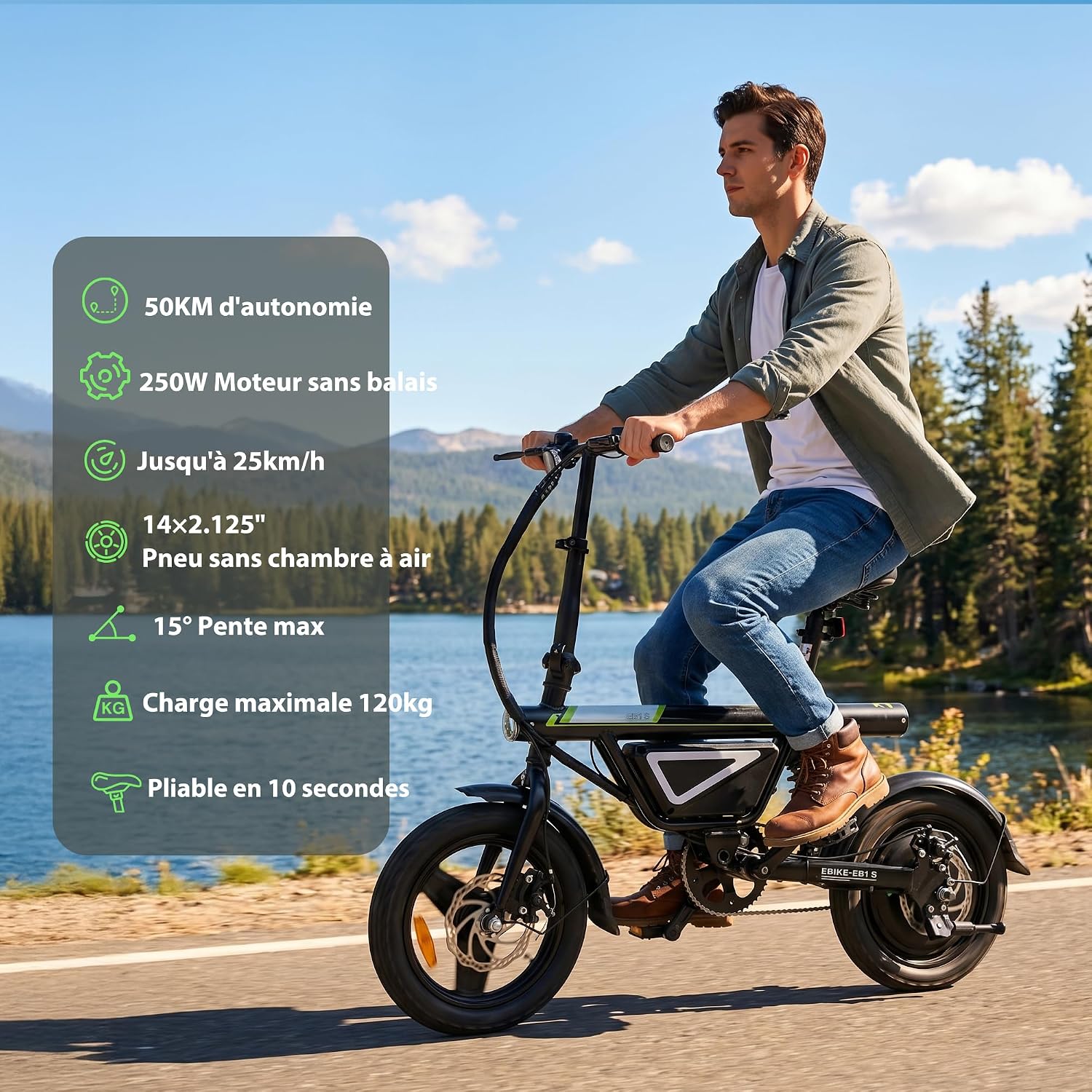 iScooter 14 Inch Folding Electric Bike 432Wh Battery 30-50KM Range 250W Motor Electric Bike for Adults and Teenagers 120kg Load and One App Three Adjustable Speeds 10/15