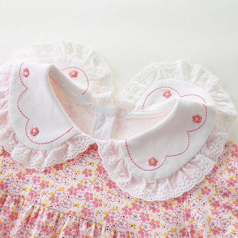 Baby Summer Triangular Romper, Pure Cotton Floral Print, Peter Pan Collar