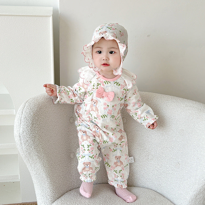 Cotton Bear Onesie for Newborn Baby Girls, Spring Autumn Casual Outfit, Unique Design, Long Sleeve, Full Zip Closure, Soft Comfortable Material