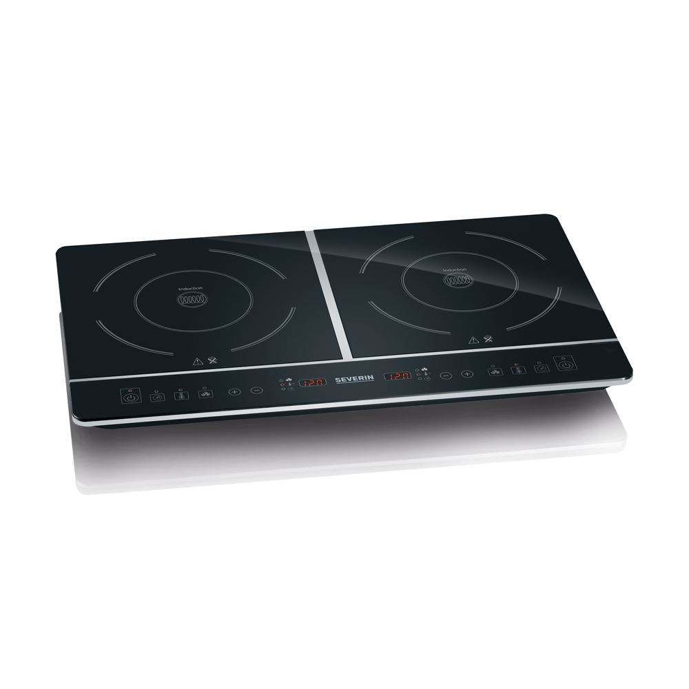 Plita electrica cu inductie Severin, S1031, ideala pentru camping/rulota/bucatarie mica, 2 arzatoare, sticla ceramica, 10 trepte de temperatura, detectare vas, display digital, senzor touch, temperatura reglabila 60-240°C, timer, negru (DK 1031)
